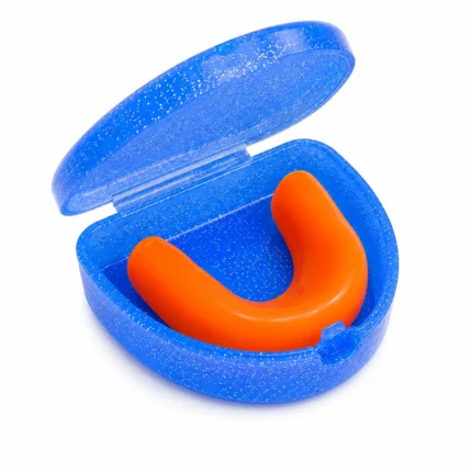 Blue glitter finish dental retainer case with mouthguard o
