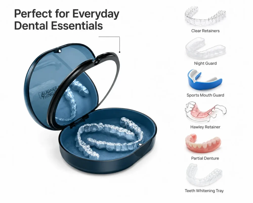 black, lavender, pink green retainer travel case with built-in mirror and secure storage for retainers, aligners, mouthguards, and dentures.