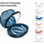 black, lavender, pink green retainer travel case with built-in mirror and secure storage for retainers, aligners, mouthguards, and dentures.