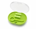 Pastel lavender retainer travel case with built-in mirror and secure storage for retainers, aligners, mouthguards, and dentures.